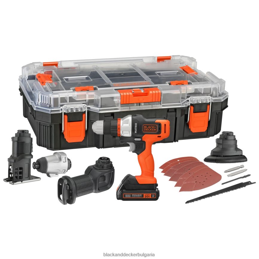 инструменти бг BLACK+DECKER matrix 20v макс безжичен комбиниран комплект с 4 инструмента с място за съхранение V8R6ZD526