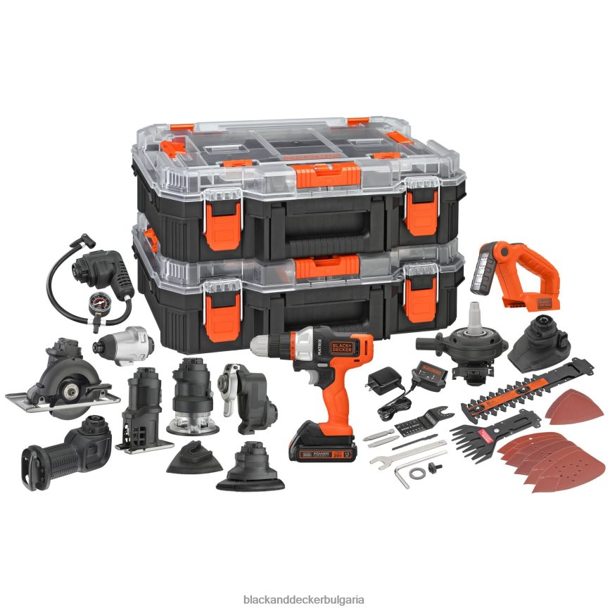 инструменти бг BLACK+DECKER matrix 20v max комплект електрически инструменти включва акумулаторна бормашина 12 приставки и куфар за съхранение V8R6ZD530