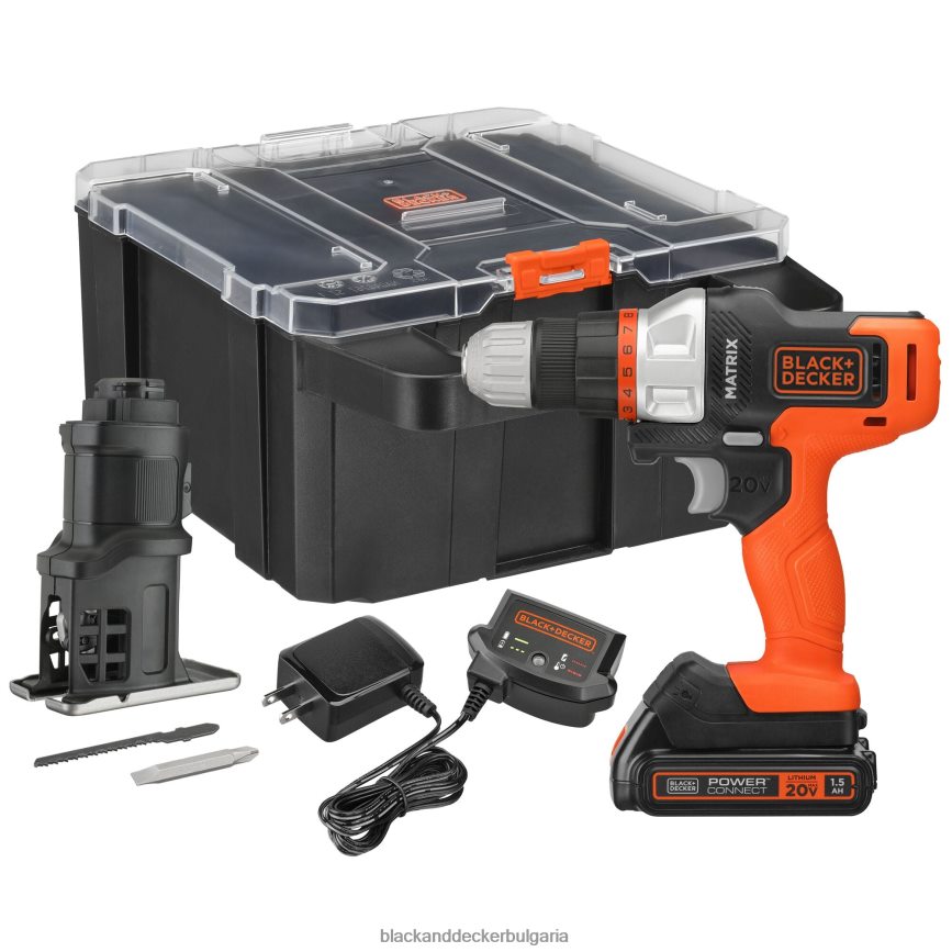 инструменти бг BLACK+DECKER matrix 20v max комплект бормашина включва приставка за прободен трион кутия за съхранение батерия и зарядно устройство V8R6ZD524