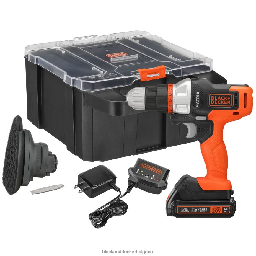 инструменти бг BLACK+DECKER matrix 20v max комплект бормашина включва шлайф приставка кутия за съхранение батерия и зарядно устройство V8R6ZD525
